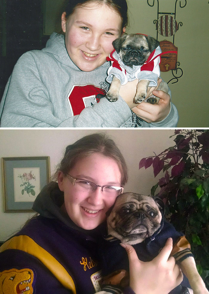 Antes e depois, pessoas e cachorros que cresceram juntos