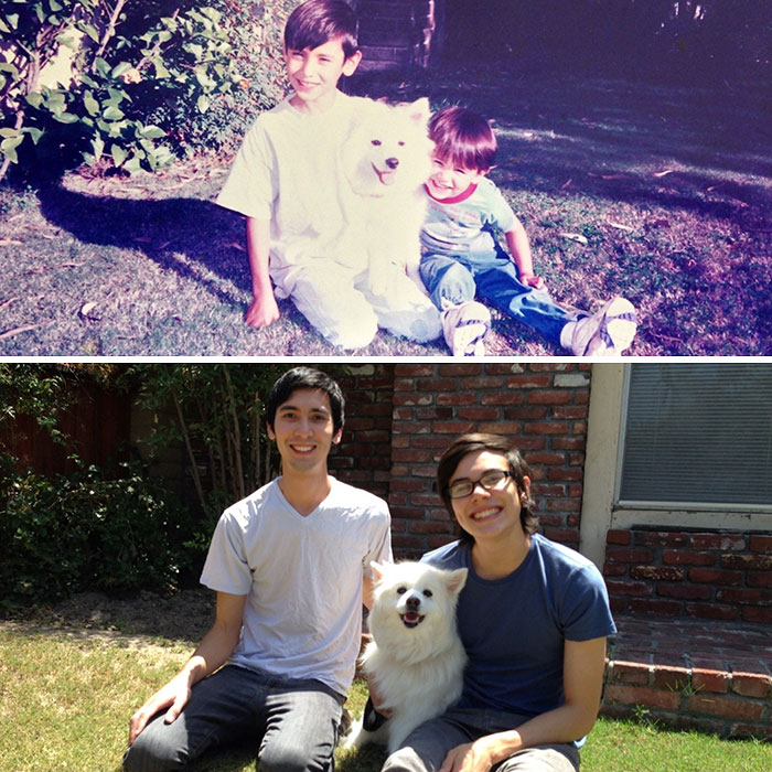 Antes e depois, pessoas e cachorros que cresceram juntos
