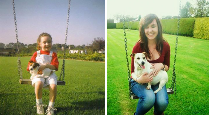 Antes e depois, pessoas e cachorros que cresceram juntos