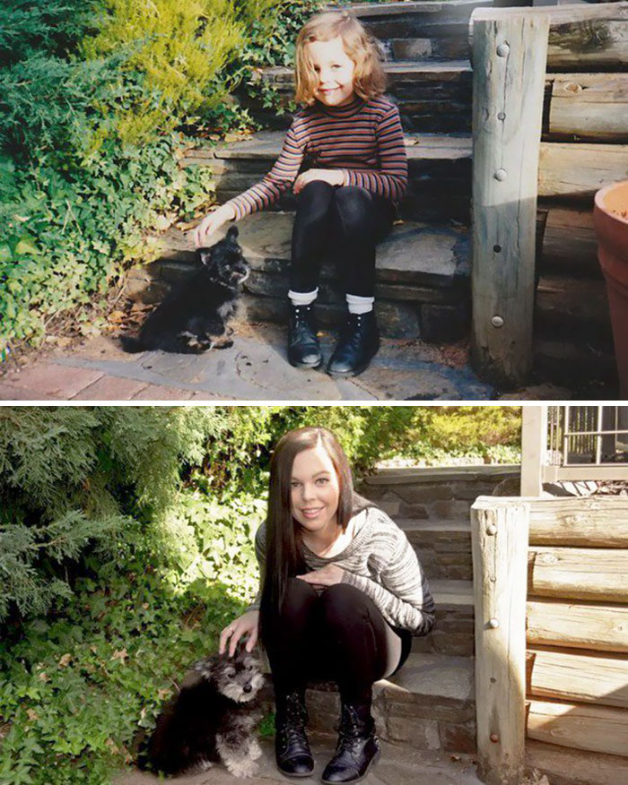 Antes e depois, pessoas e cachorros que cresceram juntos