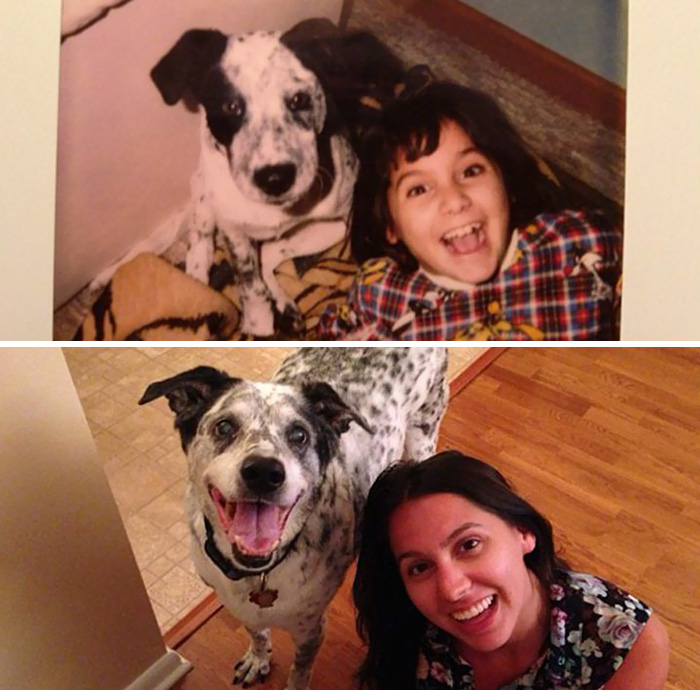 Antes e depois, pessoas e cachorros que cresceram juntos