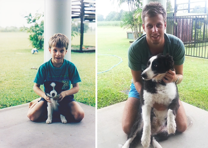 Antes e depois, pessoas e cachorros que cresceram juntos