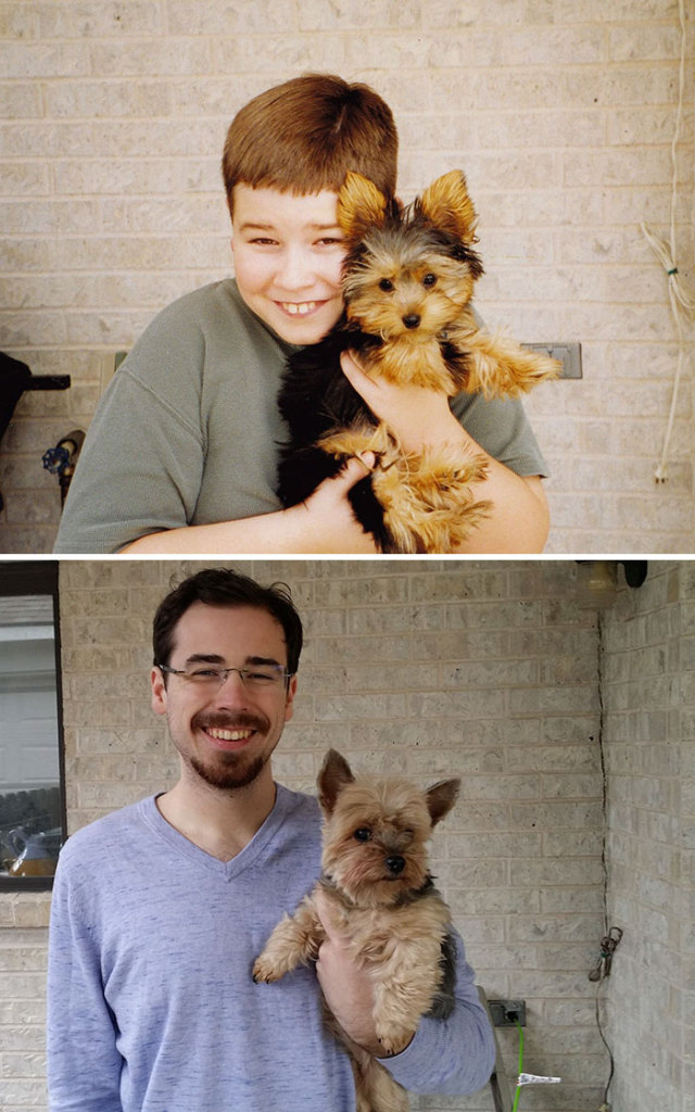 Antes e depois, pessoas e cachorros que cresceram juntos