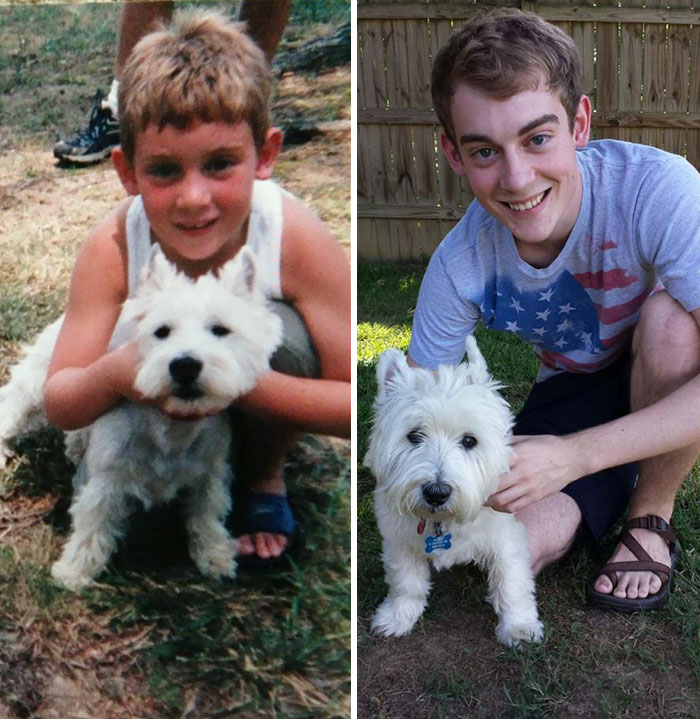 Antes e depois, pessoas e cachorros que cresceram juntos