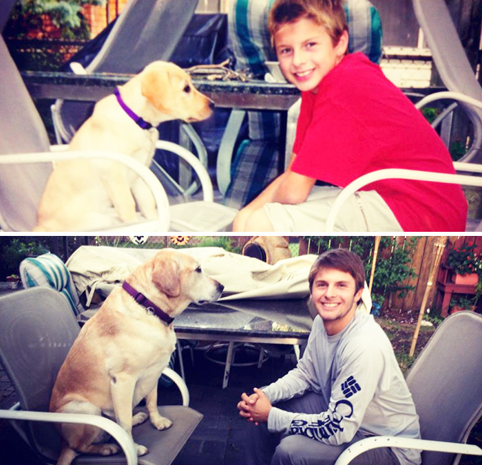 Antes e depois, pessoas e cachorros que cresceram juntos