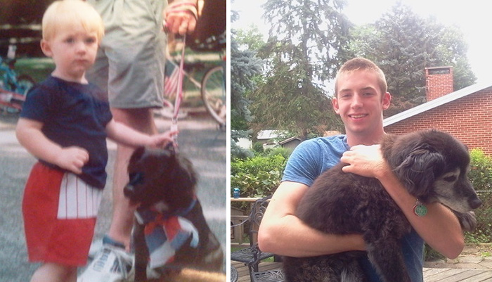 Antes e depois, pessoas e cachorros que cresceram juntos