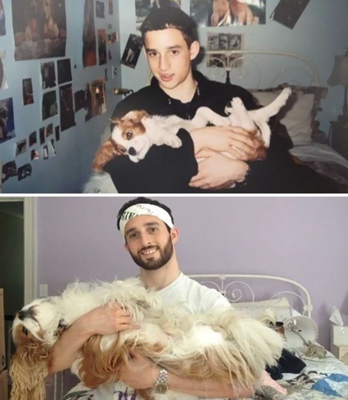 Antes e depois, pessoas e cachorros que cresceram juntos