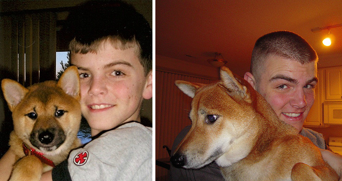 Antes e depois, pessoas e cachorros que cresceram juntos