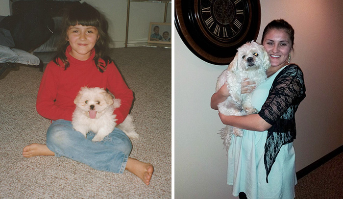 Antes e depois, pessoas e cachorros que cresceram juntos