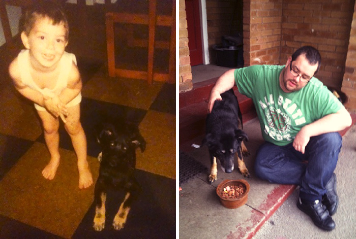 Antes e depois, pessoas e cachorros que cresceram juntos