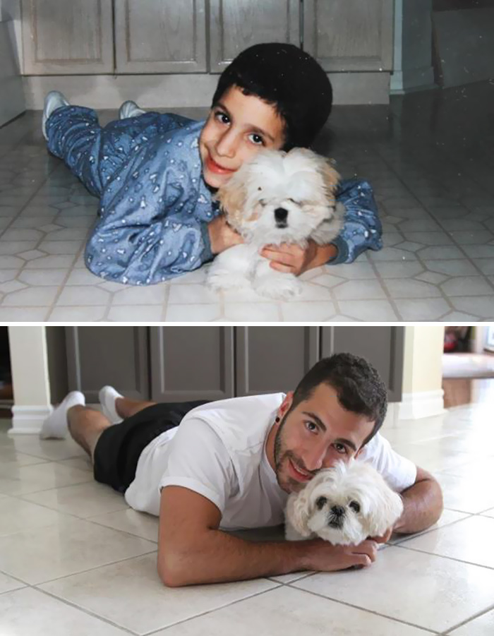 Antes e depois, pessoas e cachorros que cresceram juntos