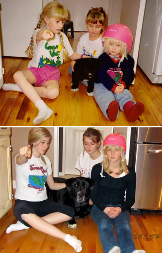 Antes e depois, pessoas e cachorros que cresceram juntos