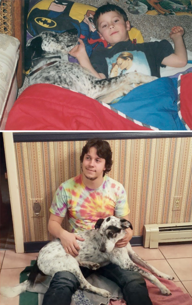 Antes e depois, pessoas e cachorros que cresceram juntos
