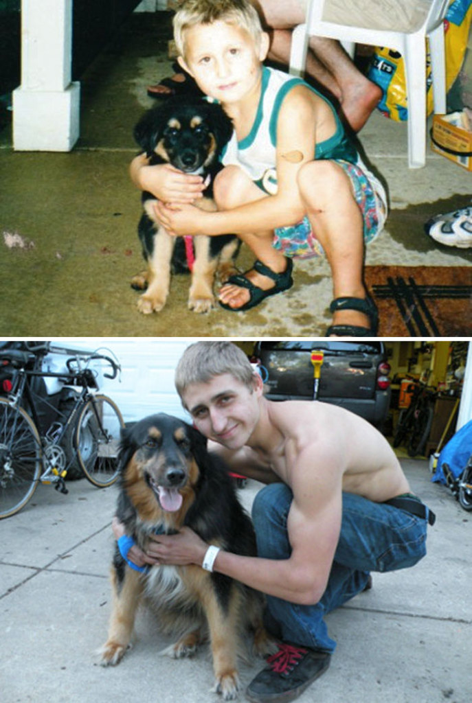 Antes e depois, pessoas e cachorros que cresceram juntos