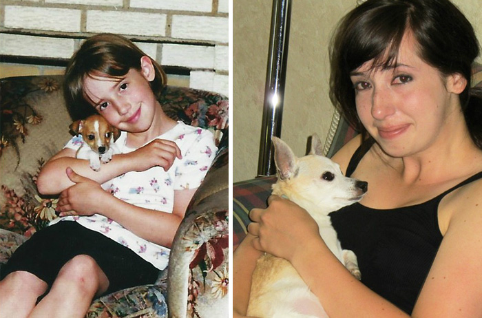Antes e depois, pessoas e cachorros que cresceram juntos