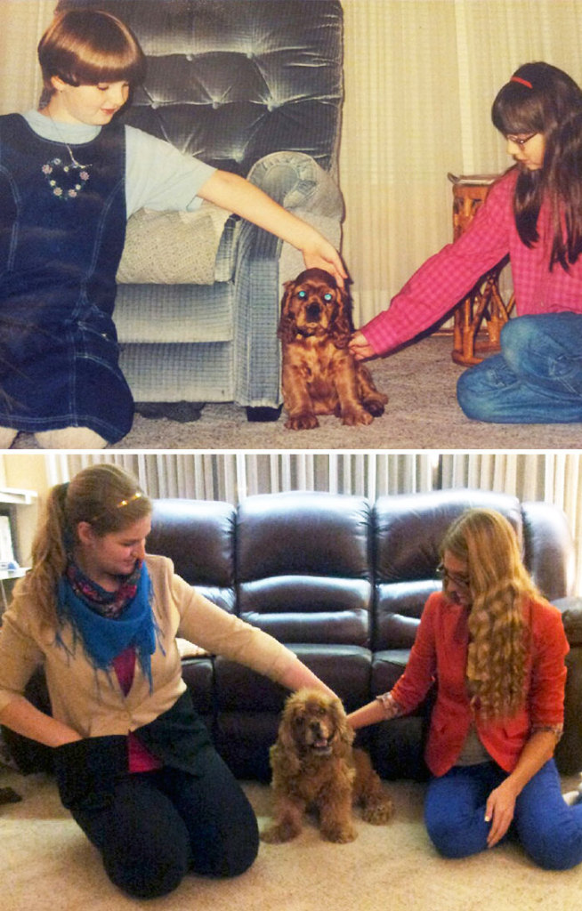 Antes e depois, pessoas e cachorros que cresceram juntos