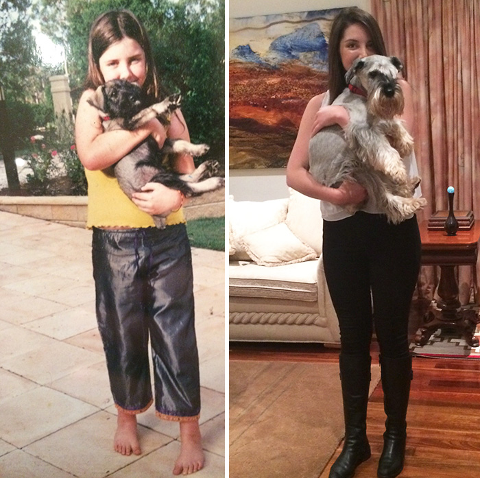 Antes e depois, pessoas e cachorros que cresceram juntos