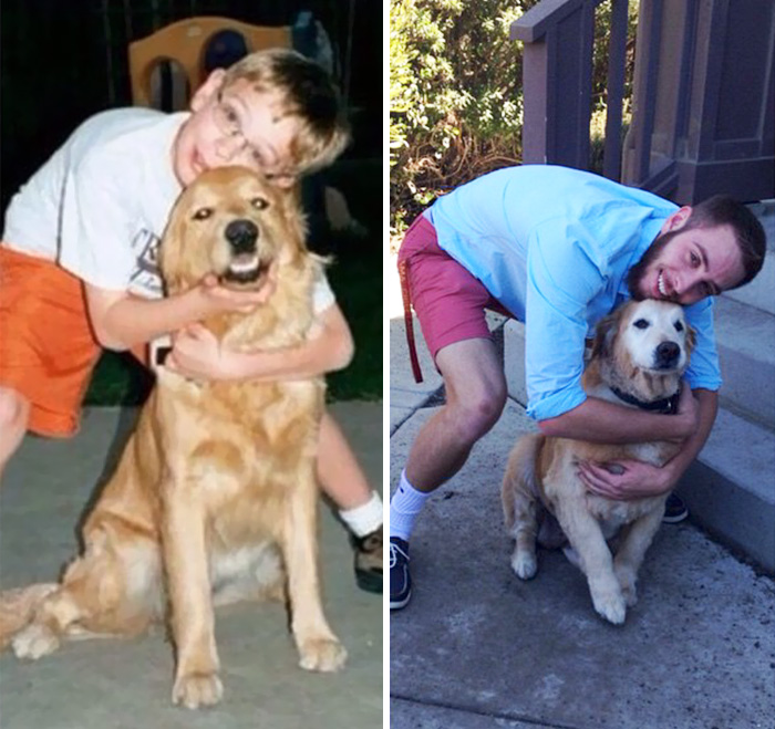 Antes e depois, pessoas e cachorros que cresceram juntos