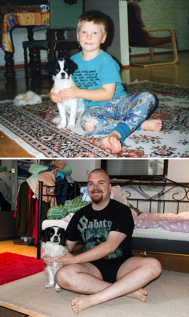 Antes e depois, pessoas e cachorros que cresceram juntos