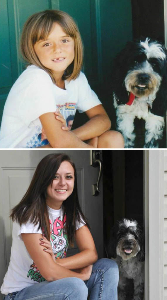Antes e depois, pessoas e cachorros que cresceram juntos