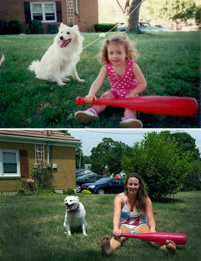 Antes e depois, pessoas e cachorros que cresceram juntos