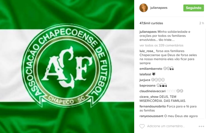 Nas redes sociais, famosos lamentam junto com o Brasil a queda de avião que matou 76 pessoas entre atletas e profissionais da comissão técnica do time Chapecoense, jornalistas e tripulação. 