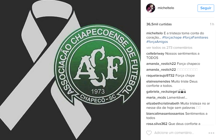 Nas redes sociais, famosos lamentam junto com o Brasil a queda de avião que matou 76 pessoas entre atletas e profissionais da comissão técnica do time Chapecoense, jornalistas e tripulação. 