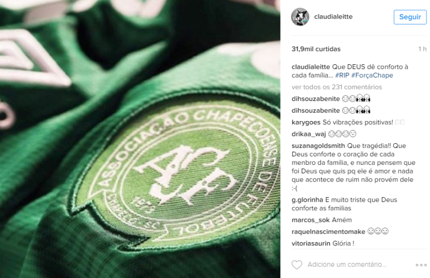 Nas redes sociais, famosos lamentam junto com o Brasil a queda de avião que matou 76 pessoas entre atletas e profissionais da comissão técnica do time Chapecoense, jornalistas e tripulação. 