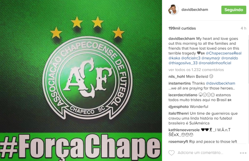 Nas redes sociais, famosos lamentam junto com o Brasil a queda de avião que matou 76 pessoas entre atletas e profissionais da comissão técnica do time Chapecoense, jornalistas e tripulação. 