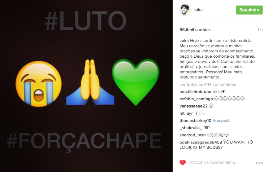 Nas redes sociais, famosos lamentam junto com o Brasil a queda de avião que matou 76 pessoas entre atletas e profissionais da comissão técnica do time Chapecoense, jornalistas e tripulação. 