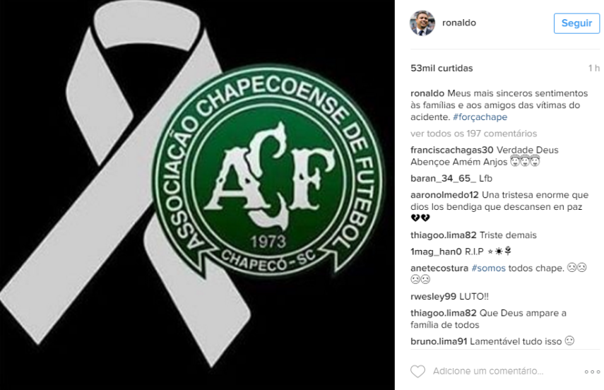 Nas redes sociais, famosos lamentam junto com o Brasil a queda de avião que matou 76 pessoas entre atletas e profissionais da comissão técnica do time Chapecoense, jornalistas e tripulação. 