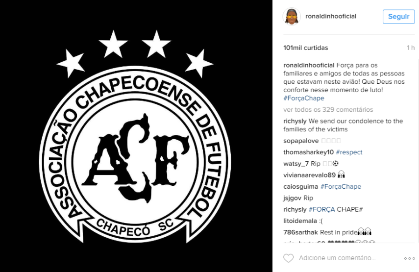 Nas redes sociais, famosos lamentam junto com o Brasil a queda de avião que matou 76 pessoas entre atletas e profissionais da comissão técnica do time Chapecoense, jornalistas e tripulação. 