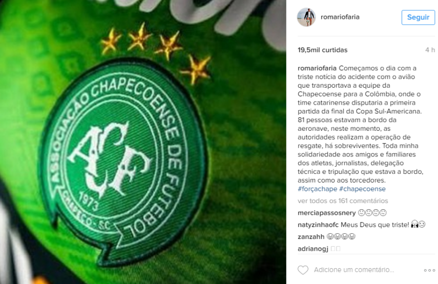 Nas redes sociais, famosos lamentam junto com o Brasil a queda de avião que matou 76 pessoas entre atletas e profissionais da comissão técnica do time Chapecoense, jornalistas e tripulação. 