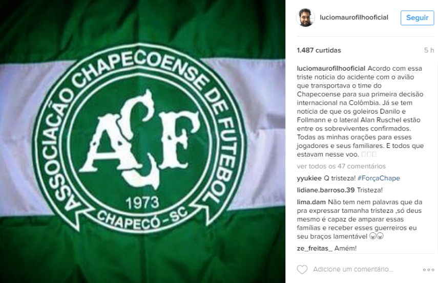 Nas redes sociais, famosos lamentam junto com o Brasil a queda de avião que matou 76 pessoas entre atletas e profissionais da comissão técnica do time Chapecoense, jornalistas e tripulação. 