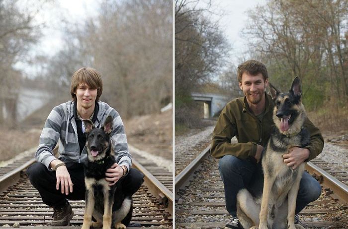 Antes e depois, pessoas e cachorros que cresceram juntos