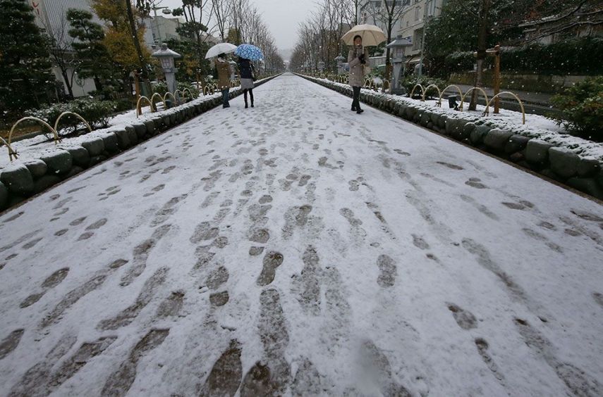 A capital do Japão amanheceu coberta por neve. Uma novidade, já que a cidade não via neve no mês de novembro, que ainda é outono, há 54 anos.