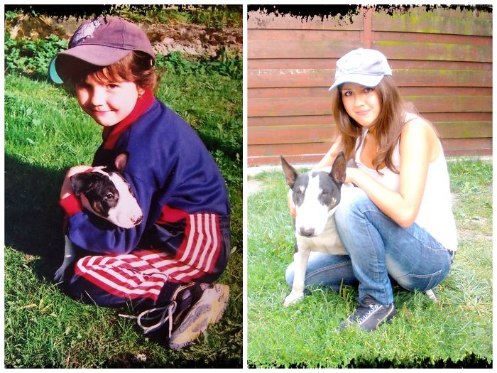 Antes e depois, pessoas e cachorros que cresceram juntos