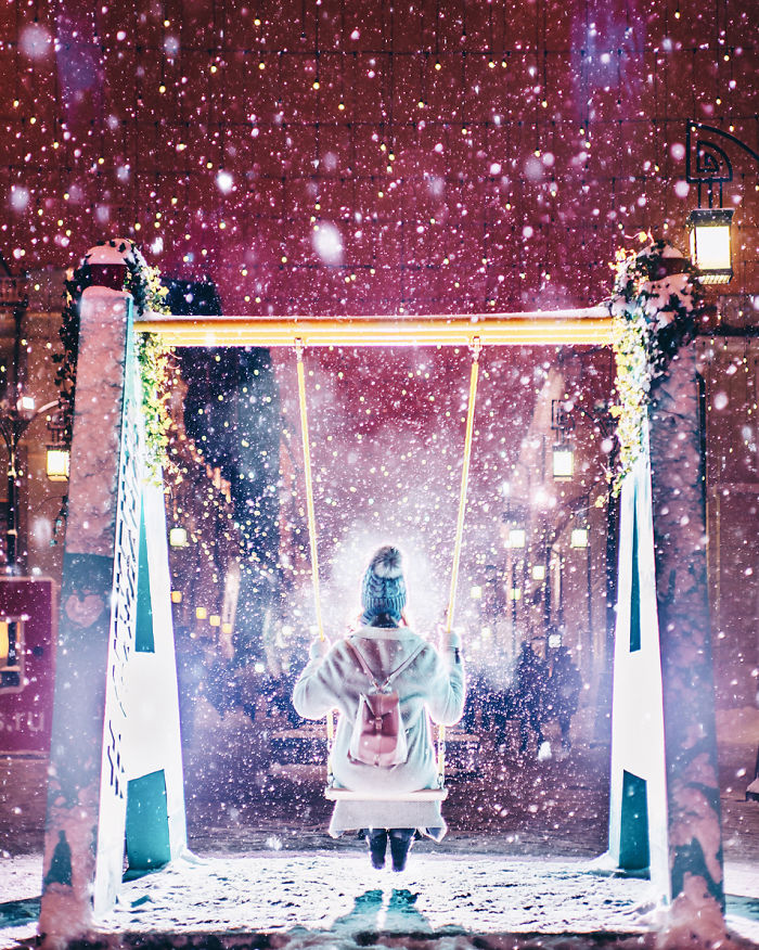 A fotógrafa Kristina Makeeva mostra o lado deslumbrante da cidade em meio a luzes e neve