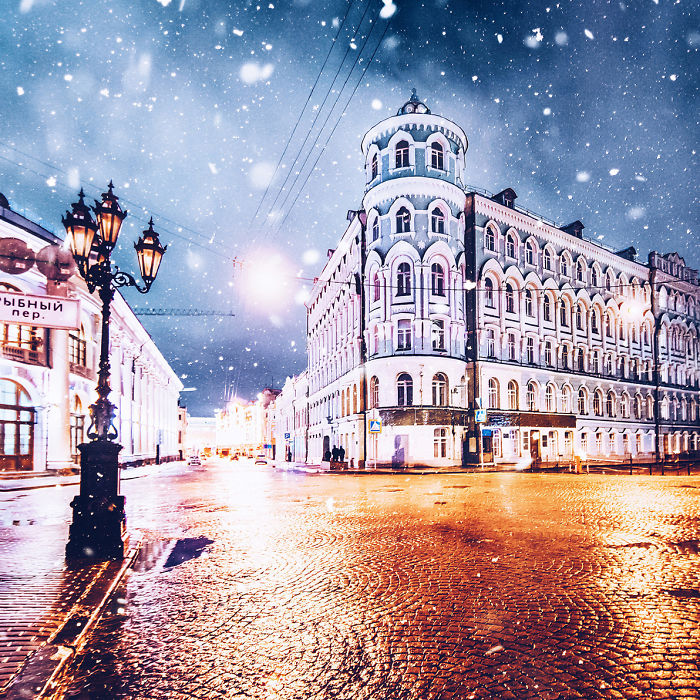 A fotógrafa Kristina Makeeva mostra o lado deslumbrante da cidade em meio a luzes e neve