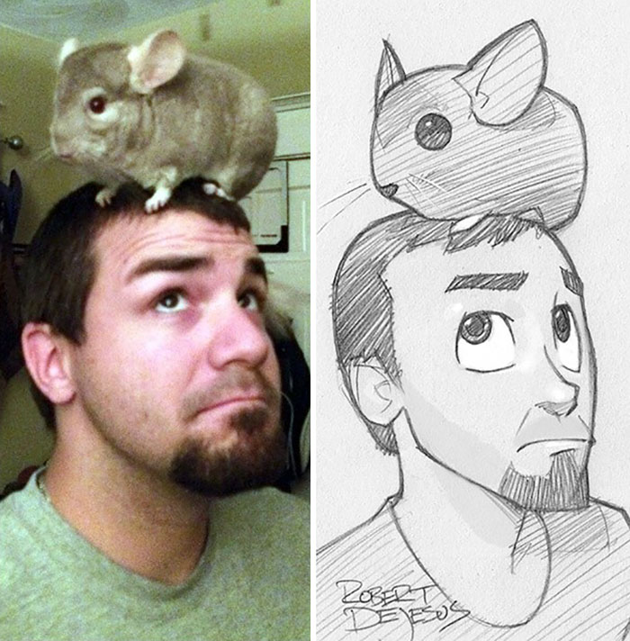 Robert DeJesus é um ilustrador que transforma estranhos em desenhos. Entre muitas pessoas que traz para o mundo do cartoon, estão homens e mulheres que posam com seus pets