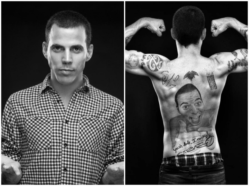 Steve-O, conhecido pelo programa de TV Jackass, tem seu próprio rosto tatuado nas costas 