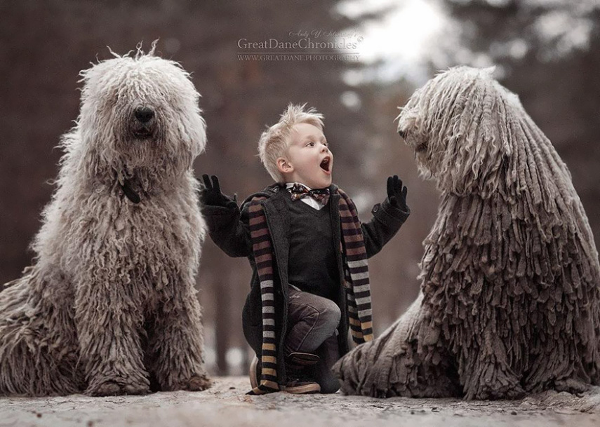 Fotógrafo registra menino russo brincando com seu cachorro gigante