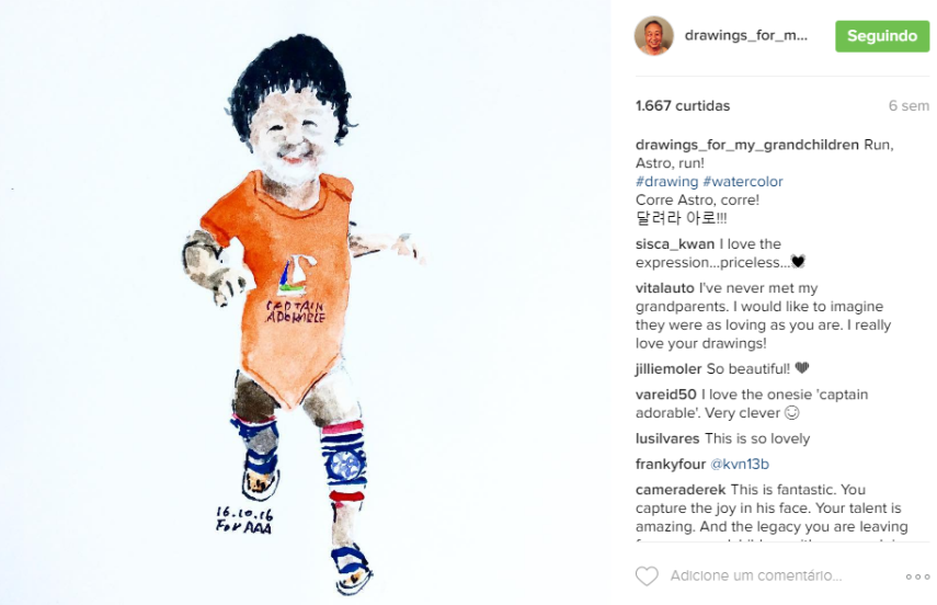 Coreano aposentado, que vive em São Paulo, desenha para contar sobre sua rotina aos três netos que moram na Coréia e nos Estados Unidos. As histórias - muito fofas - são escritos pela avó!