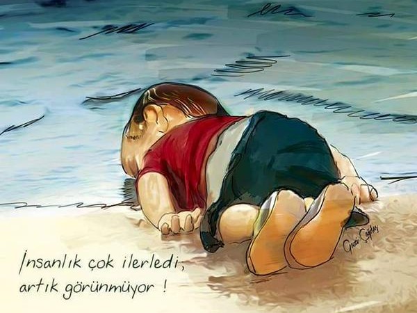 Aylan Kurdi morreu em uma praia na Turquia após o navio de refugiados em que ele estava naufragar. A foto, de 2015, gerou uma série de ilustrações de partir o coração