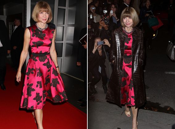 Até Anna WIntour, editora da Vogue, repete modelitos. Ela usou o vestido YSL pela primeira vez em 2013, em um evento da Moet and Chandon. Um mês depois, lá estava Anna, com o mesmo vestido, na semana de moda de Paris