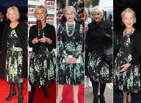 Helen Mirren é apenas apaixonada por esse modelo Dolce & Gabanna. Ela o vestiu pela primeira vez em 2012 e, desde então, continua adotando o modelito para eventos e premiações. Maravilhosa.