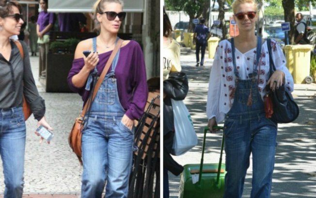 Quer peça mais versátil que jeans? Olha a Carolina Dieckmann combinando duas blusinhas diferentes com a mesma jardineira! 