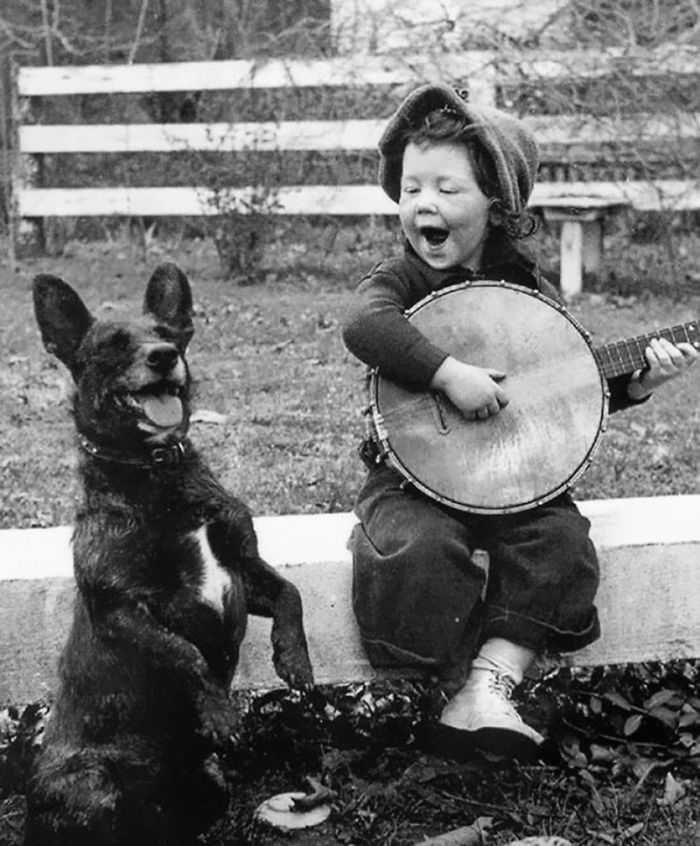 Menina toca banjo para o seu cachorro