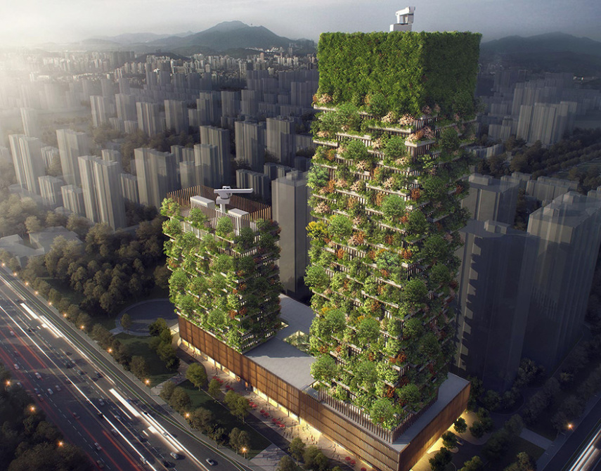 Uma das torres das Nanjing Towers terá 200 metros e a outra, 107 metros. Entre elas, haverá mais de mil árvores e, aproximadamente, 2500 arbustos de 23 diferentes espécies locais. Tudo isso vai produzir cerca de 60 kg de oxigênio por dia. Elas foram criadas pelo arquiteto Stefano Boeri