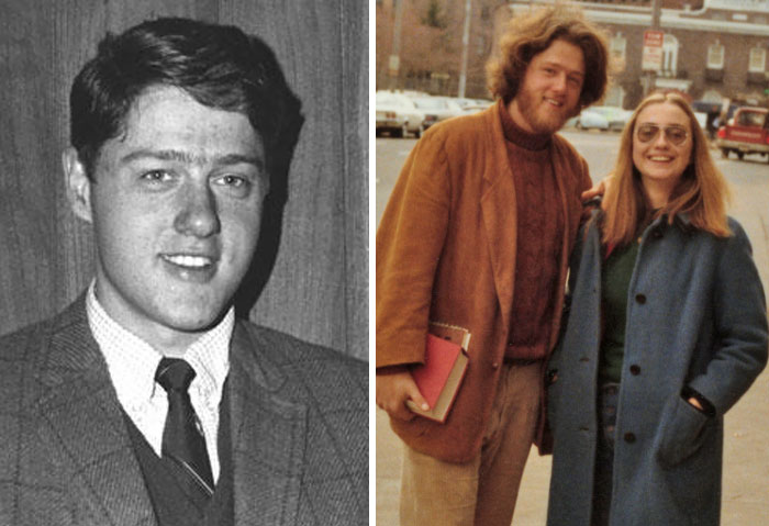 O 42º presidente dos Estados Unidos, entre 1993 e 2001, aparece nas imagens aos 22 anos (esquerda) e aos 26, com Hilary Clinton